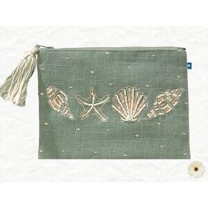 NWT- Embroidered Hand-Beaded Cosmetic Bag Pouch Seashells Aqua/Blue Green